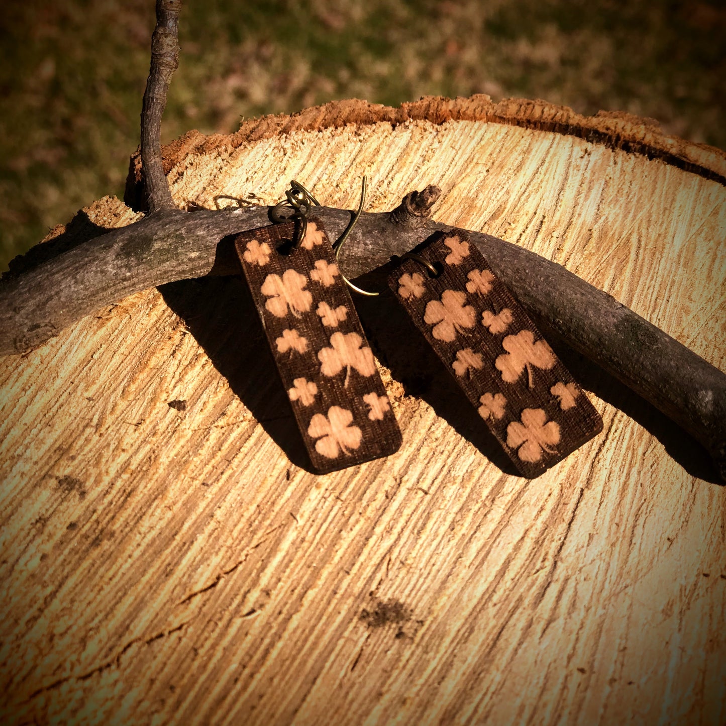 Natural Wooden Rectangle Earrings with Shamrock Clovers