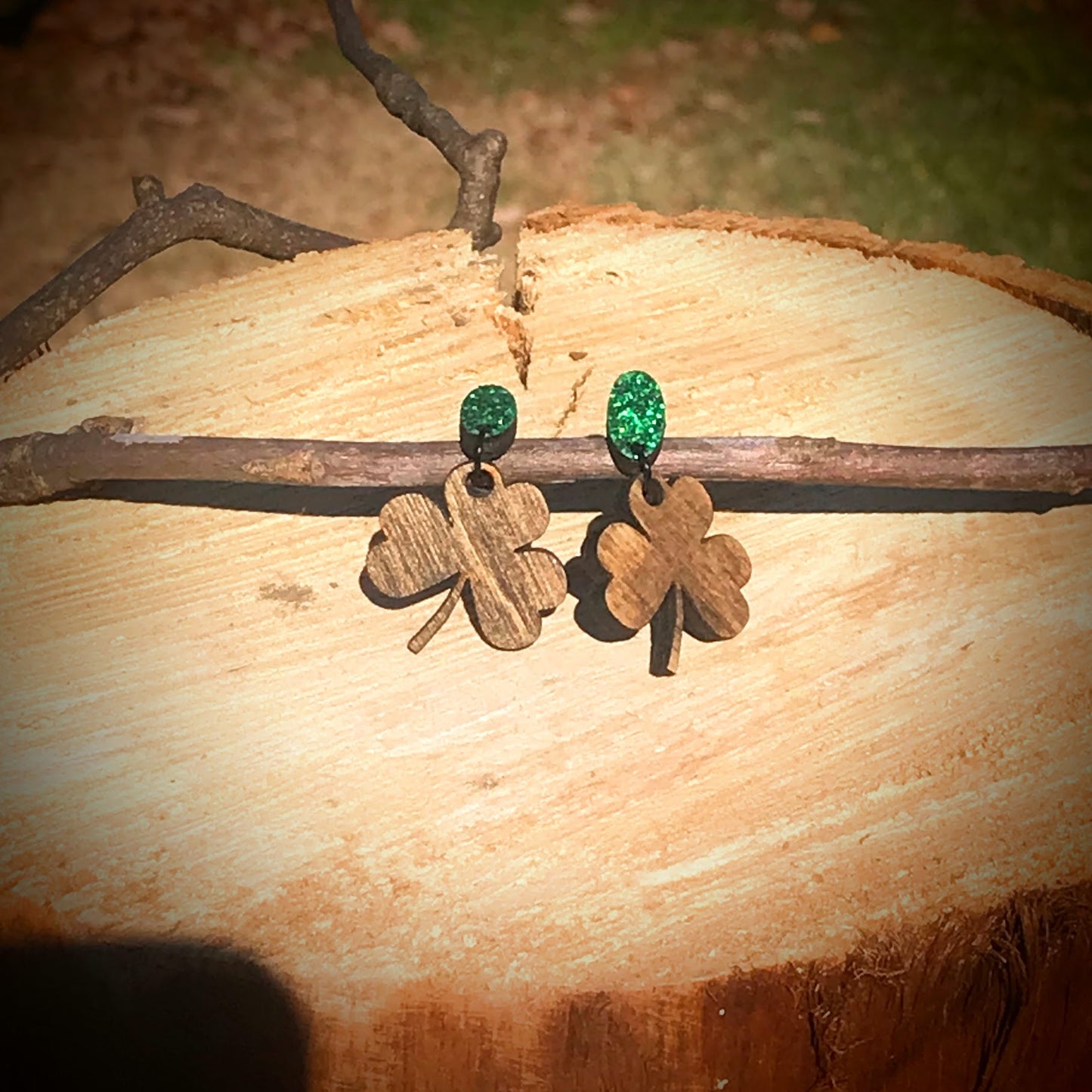 Natural Wood Shamrock with Green Glitter Pendant Earrings