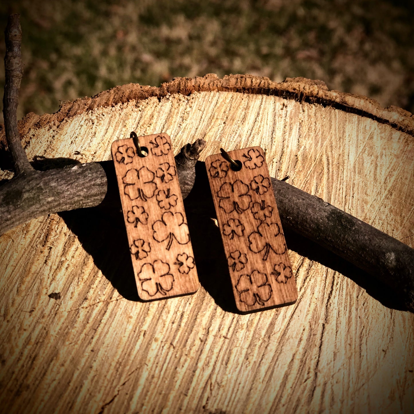 Natural Wooden Rectangle Earrings with Shamrock Clovers